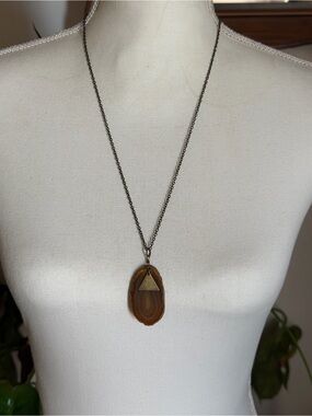 Vintage Brown Genuine Agate Slice Pendant Necklace